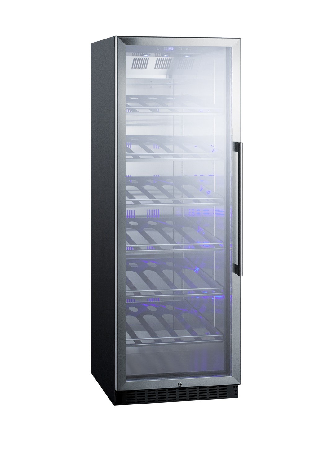 Full-size commercially listed wine cellar with stainless steel interior, champagne shelving, digital controls, self-closing glass door, and black cabinet